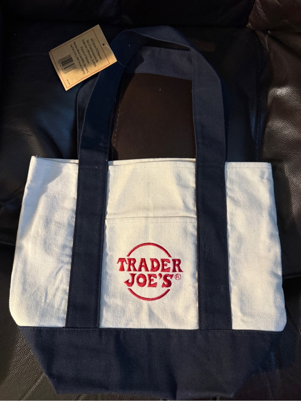 Trader Joe's Navy Mini Canvas Tote Bag with Red Logo